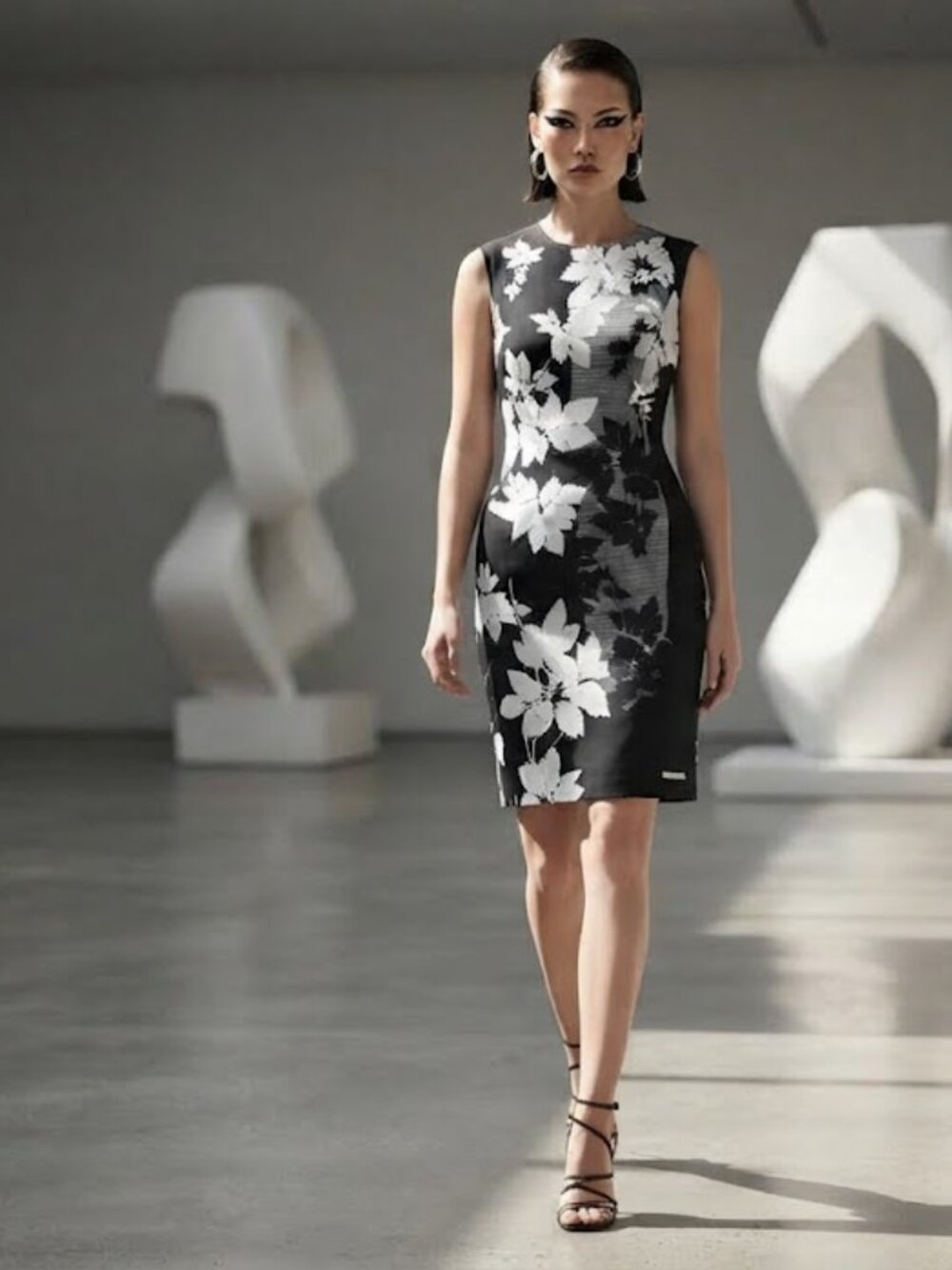 Vince Camuto, Black and White Floral Print, sleeveless Sheath Dress size 2